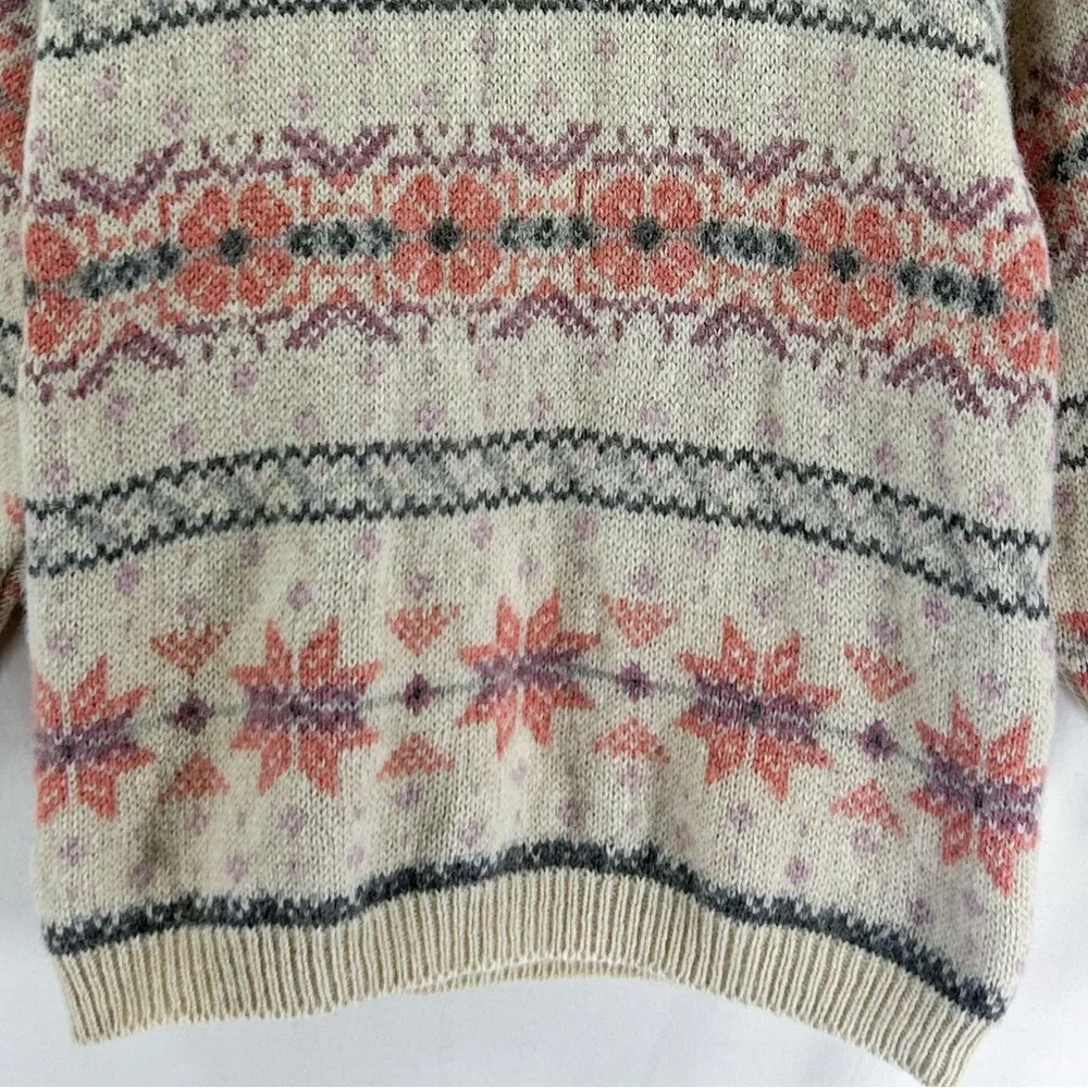 Vintage Eddie Bauer Cream Pink Wool Snowflake Fair Isle Christmas Sweater